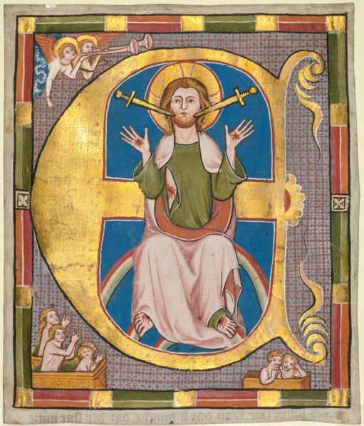 Initial E from a Municipal Law Book: The Last Judgment, c. 1330. Germany, Regensburg, 14th century.
