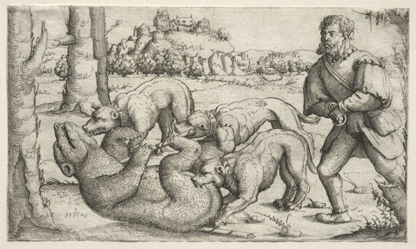 A Bear Hunt, 1569. Augustin Hirschvogel (German, 1503-1553). Etching