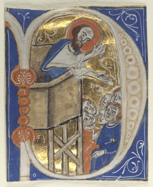 Historiated Initial Excised from a Bible: St. Paul Preaching, 1200s. Italy, 13th century. Tempera