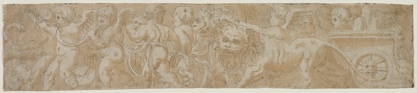 Chariot Drawn by Lions with Amorini (recto) Partial Architectural Study (verso) , first half 1500s.