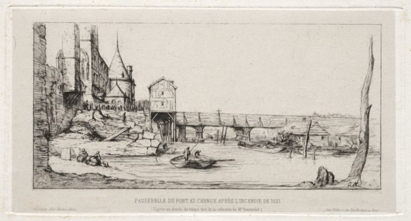 Footbridge Temporarily Replacing the Exchange Bridge,Paris, after the fire of 1621, 1860. Charles