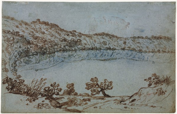 View of Lake Nemi, c. 1650. Italy, 17th century. Pen and brown ink with brush and blue wash