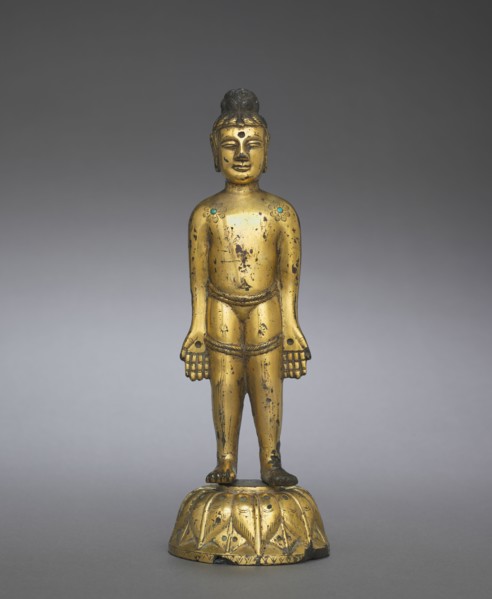 The New-born Buddha, 400s. China, Northern Wei dynasty (386-534). Gilt bronze with inlays of blue