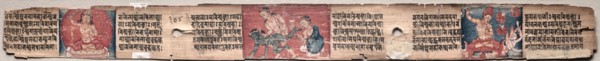 Leaf from Gandavyuha: Sudhana Battles a Demon with a Kneeling Monk, Manjushri, and Vajrapani, from