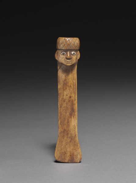 Spatula with Carved Head, 500-900. Peru, Wari style (500-900). Bone with shell inlay; overall: 11.2