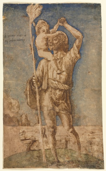 Saint Christopher, c.1500. Andrea Mantegna (Italian, 1431-1506). Pen and brown ink and blue gouache