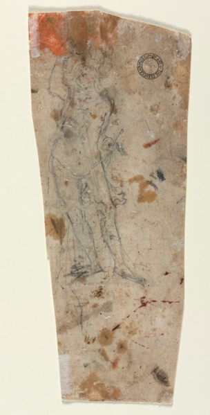Sketch of an Armoured Male Figure, 1600s. Anonymous. Graphite (figure); pen and black ink (cross
