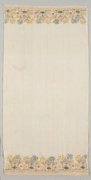 Embroidered Towel, mid 18th century. Turkey, mid 18th century. Embroidery; silk and gold filé on