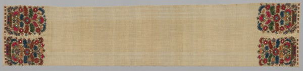 Towel, 1700s. Greece, Sporades Islands, Skyros, 18th century. Embroidery in silk, gold and silver
