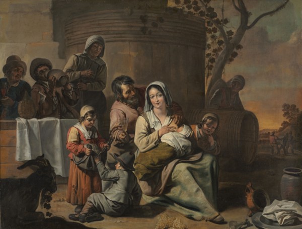 Vintage Scene and Peasant Children Dancing (painting pair), 1650s. Circle of Le Nain (French). Oil