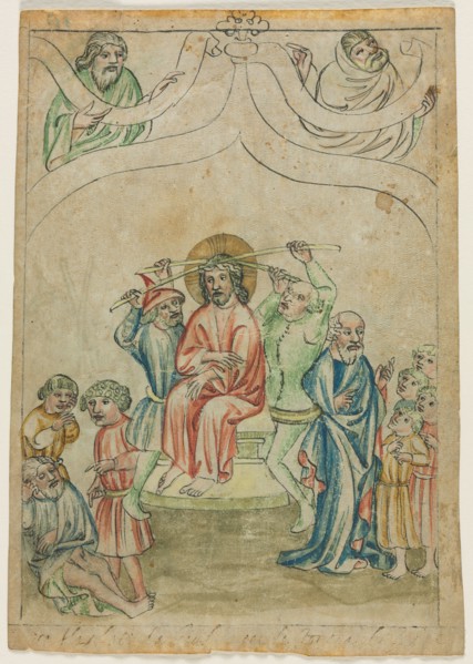 Single Leaf from a "Biblia Pauperum": Christ Carrying the Cross (verso), c. 1410. Germany, Bavaria,