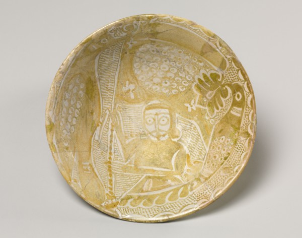 Luster Bowl with Man Holding a Banner, 900s. Iraq, probably Baghdad, Abassid Period, 10th Century.