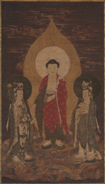 Amitabha Triad, possibly 1400s. Chinese, Ming dynasty (1368-1644). Hanging scroll, ink and color on