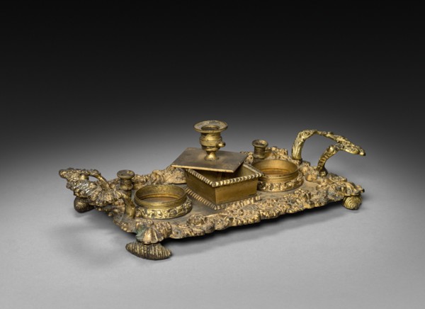 Inkwell, 1825-1850. England or America, 19th century. Gilt bronze and glass; overall: 7 x 24.8 x 13