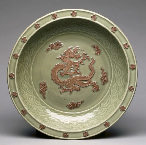 Plate with Relief Dragon among Clouds, 1300s. China, Zhejiang province, Longquan region, Yuan