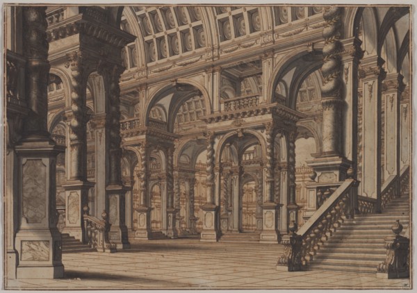 Monumental Vaulted Hall with Staircase, second quarter 18th century?. Giuseppe Galli Bibiena