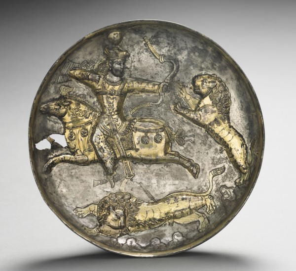 Dish:  King Hormizd II or Hormizd III Hunting Lions, 400-600. Iran, Sasanian, 5th-6th Century.
