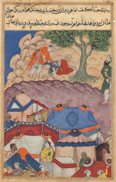 Page from Tales of a Parrot (Tuti-nama): Twenty-fourth night: Habbaza meets Bashir under a tree, c.