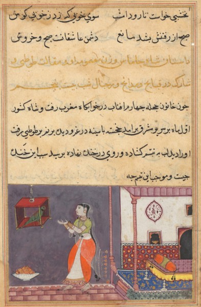 Page from Tales of a Parrot (Tuti-nama): Twenty-fifth night: The parrot addresses Khujasta at the