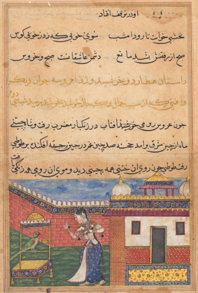 Page from Tales of a Parrot (Tuti-nama): Thirty-second night: The parrot addresses Khujasta at the