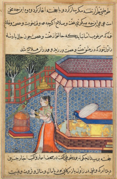 Page from Tales of a Parrot (Tuti-nama): Thirty-sixth night: The parrot addresses Khujasta at the