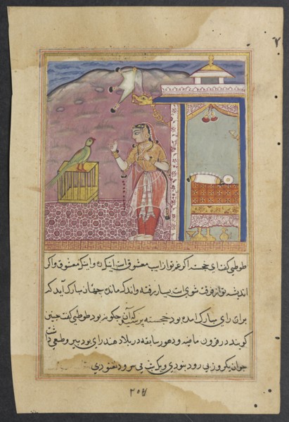 Page from Tales of a Parrot (Tuti-nama): Forty-fourth night: The parrot addresses Khujasta at the