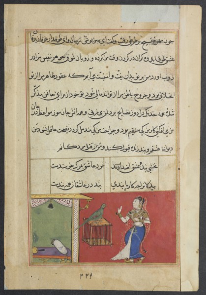 Page from Tales of a Parrot (Tuti-nama): Forty-seventh night: The parrot addresses Khujasta at the