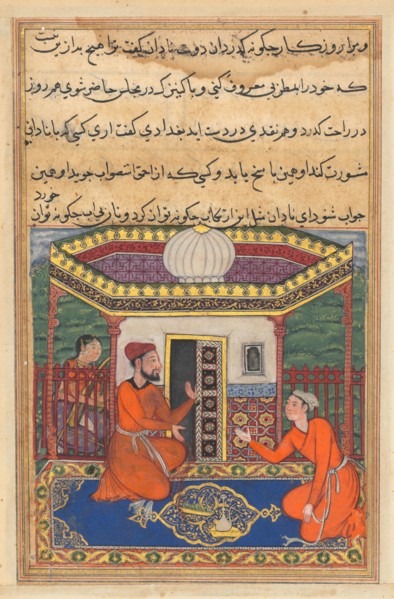Page from Tales of a Parrot (Tuti-nama): Forty-eighth night: The young man of Baghdad solicits