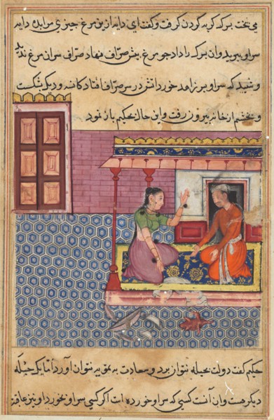 Page from Tales of a Parrot (Tuti-nama): Fifty-second night: The pious man’s wife offers the