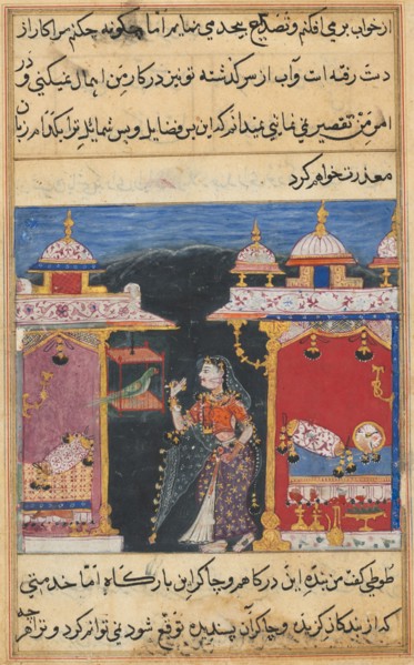 Page from Tales of a Parrot (Tuti-nama): Seventh night: The parrot addresses Khujasta at the