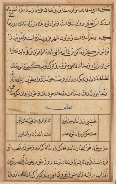 Page from Tales of a Parrot (Tuti-nama): text page, c. 1560. India, Mughal, Reign of Akbar, 16th