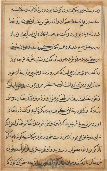 Page from Tales of a Parrot (Tuti-nama): text page, c. 1560. India, Mughal, Reign of Akbar, 16th