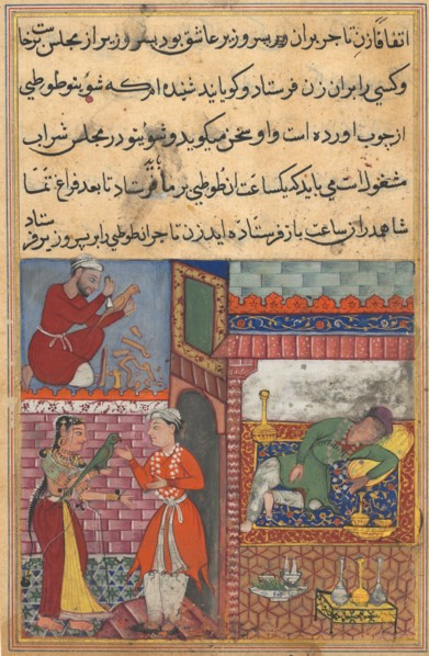 Page from Tales of a Parrot (Tuti-nama): Tenth night: The vizier’s son receives the magic wooden