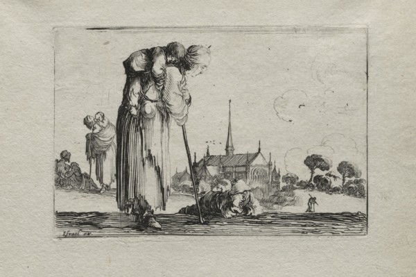 Caprices:  Standing Beggar Woman Carrying a Child on her Back. Stefano Della Bella (Italian,