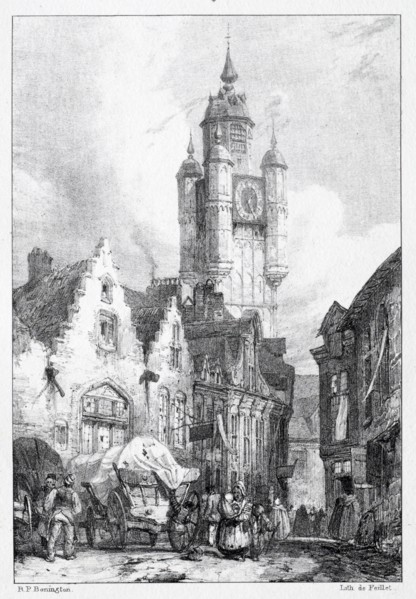 Bergues:  La Tour du marché, 1824. Richard Parkes Bonington (British, 1802-1828). Lithograph