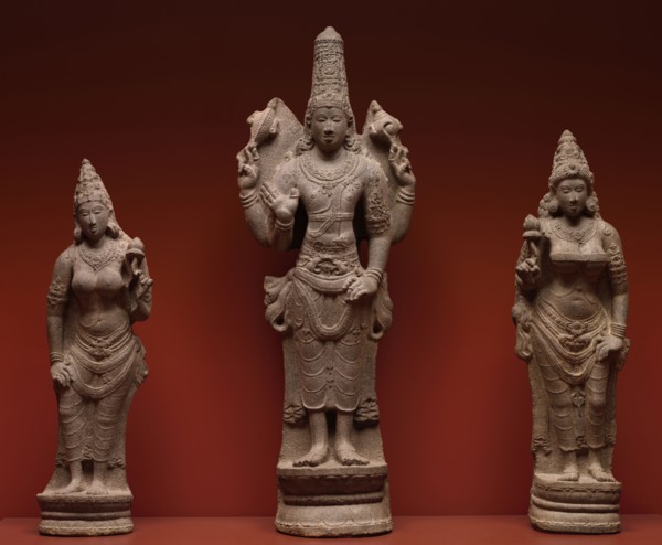 Vishnu with Shri, and Bhu, 900-950. South India, Tamil Nadu, probably Pudokkatai, early Chola