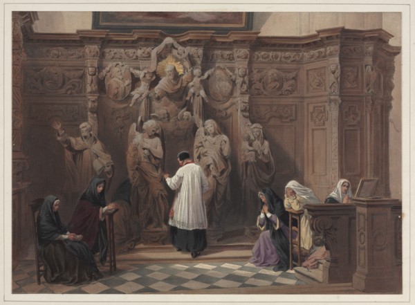 Confessional, Church of St. Paul, Antwerp, 1838. Louis Haghe (British, 1806-1885). Color lithograph