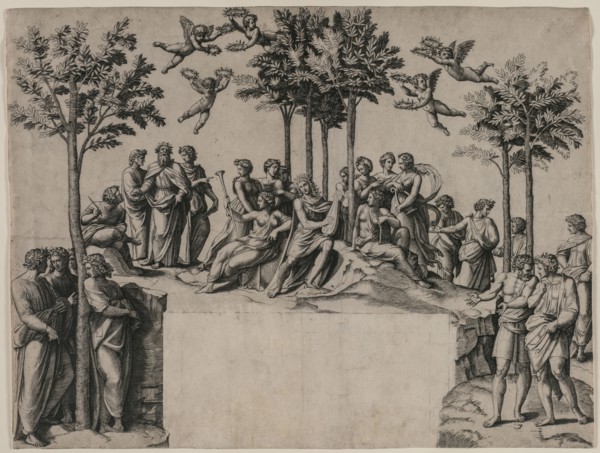 Apollo on Parnassus, c. 1517-1520. Marcantonio Raimondi (Italian, 1470/82-1527/34), after Raphael