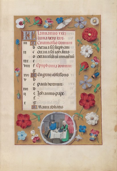 Hours of Queen Isabella the Catholic, Queen of Spain:  Fol. 2r, January - Feast, c. 1500. And