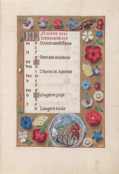 Hours of Queen Isabella the Catholic, Queen of Spain:  Fol. 4r, March, c. 1500. And associates
