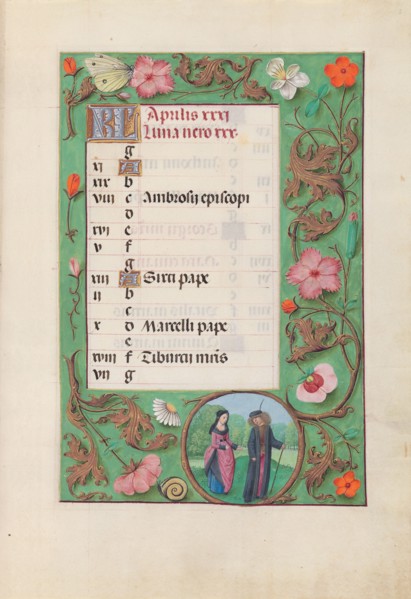 Hours of Queen Isabella the Catholic, Queen of Spain:  Fol. 5r, April - Squire and Damsel, c. 1500.