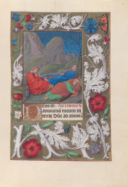 Hours of Queen Isabella the Catholic, Queen of Spain:  Fol. 57r, Agony in the Garden, c. 1495-1500.