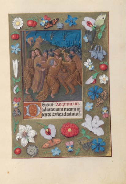 Hours of Queen Isabella the Catholic, Queen of Spain:  Fol. 61r, Kiss of Judas, c. 1495-1500. And