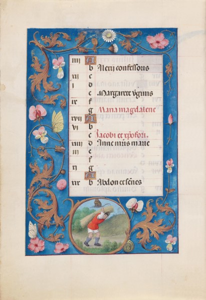 Hours of Queen Isabella the Catholic, Queen of Spain:  Fol. 8v, July, c. 1500. And associates