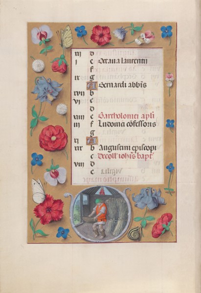 Hours of Queen Isabella the Catholic, Queen of Spain:  Fol. 9v, August, c. 1495-1500. And