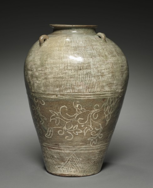 Jar with Scroll Design, 1400s. Korea, Joseon dynasty (1392-1910). Buncheong ware with incised,