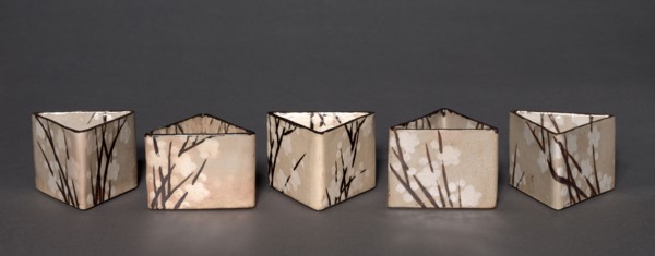 Set of Five Serving Bowls (Mukozuke) with Prunus Design, 1700s-1800s. School of Ogata Kenzan