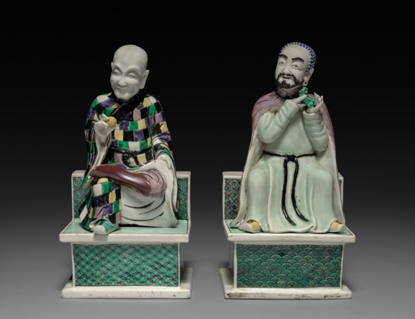 Lohan Holding a Peach; Lohan Holding a Fu Dog, 1662-1722. China, Jiangxi province, Jingdezhen