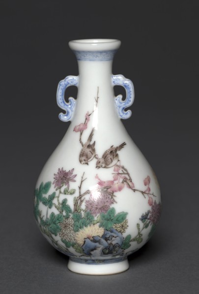 Miniature Vase with Birds and Chrysanthemums, 1736-1795. China, Jiangxi province, Jingdezhen kilns,