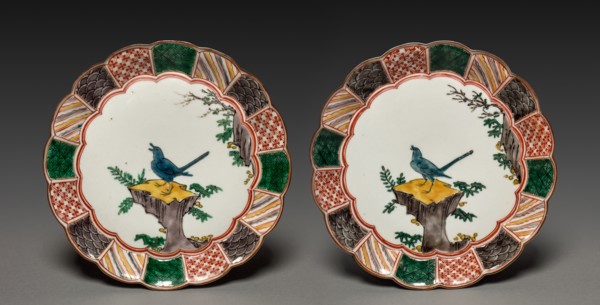 Pair of Dishes with Singing Bird on a Rock: In Ko Kutani Style, 18th century. Japan, Edo Period